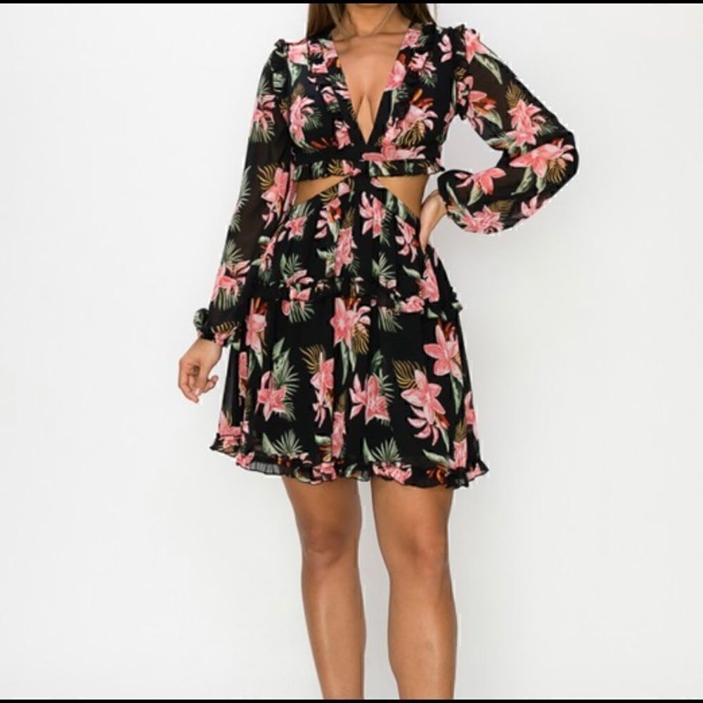 Black Floral Chiffon Ruffle Dress